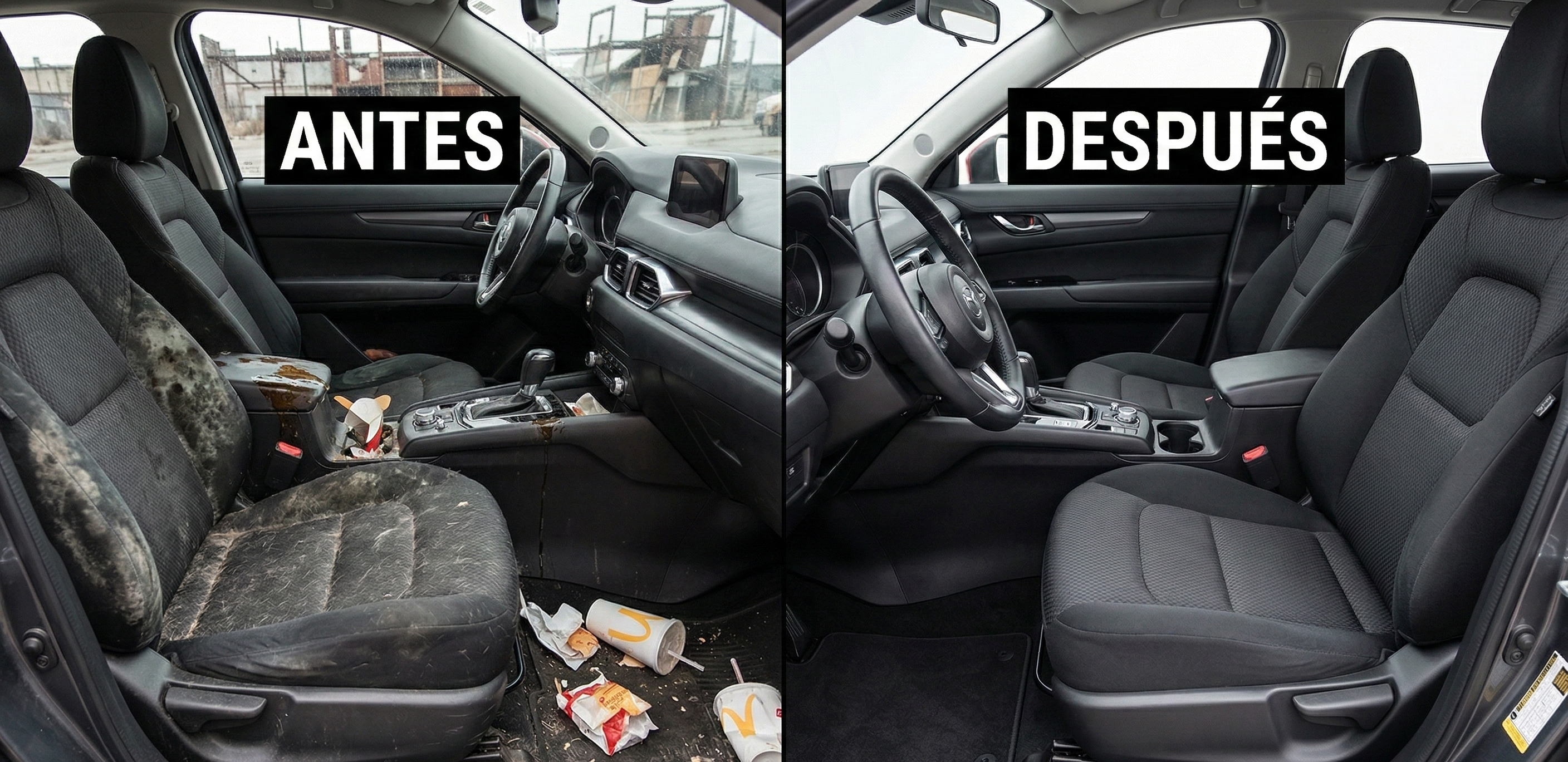 Limpieza de tapicería de auto — antes y después
